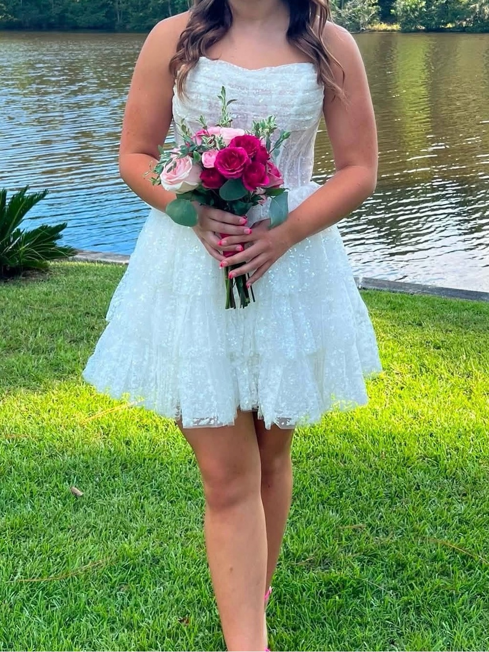 White Lace Tiered Strapless women’s Dress with Sweetheart Neckline